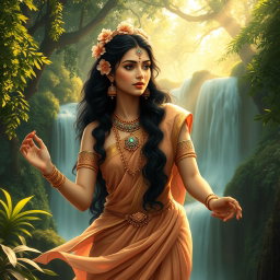 An ethereal, celestial figure resembling a divine apsara, depicted in traditional Indian attire with flowing silk garments and intricate jewelry