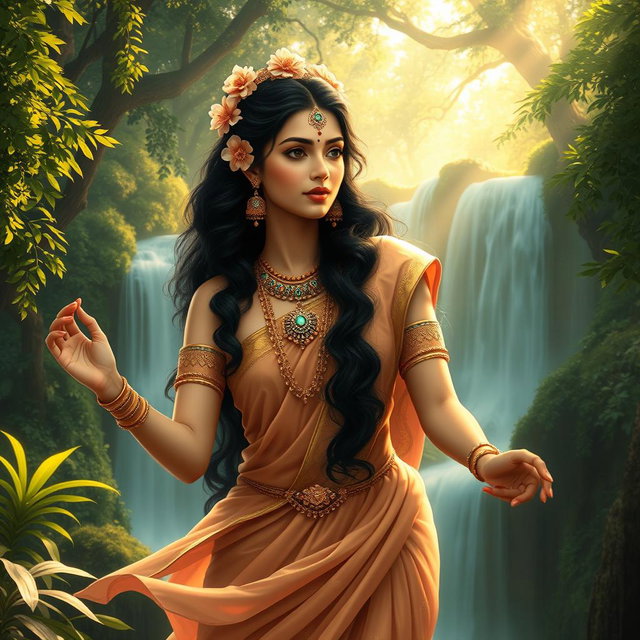 An ethereal, celestial figure resembling a divine apsara, depicted in traditional Indian attire with flowing silk garments and intricate jewelry
