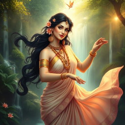 An ethereal, celestial figure resembling a divine apsara, depicted in traditional Indian attire with flowing silk garments and intricate jewelry