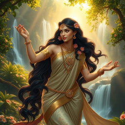 An ethereal, celestial figure resembling a divine apsara, depicted in traditional Indian attire with flowing silk garments and intricate jewelry