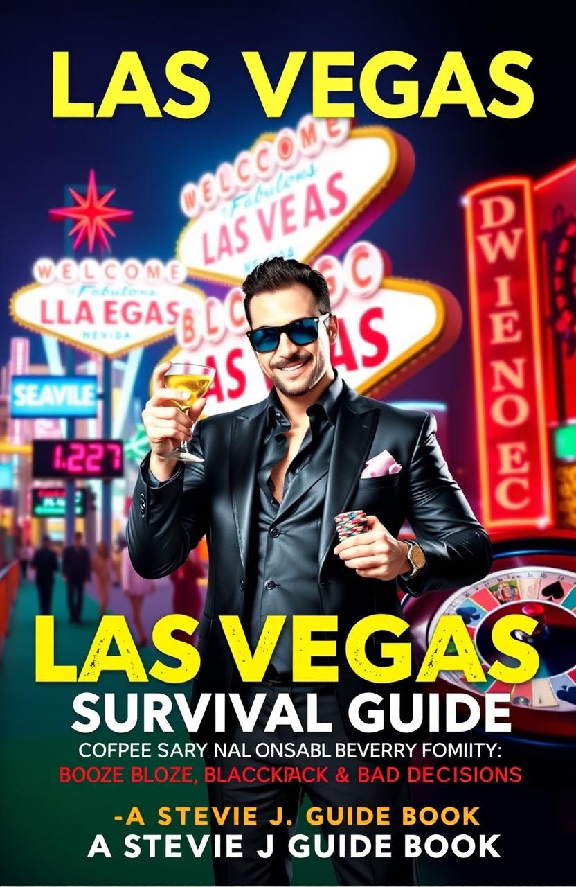 A vibrant and eye-catching cover for a guide book titled 'Las Vegas Survival Guide: Booze, Blackjack & Bad Decisions - A Stevie J Guide Book'