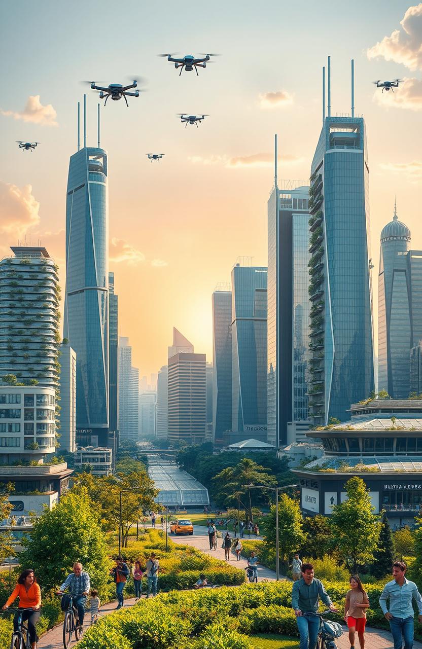 A futuristic city skyline featuring a blend of advanced green technology, renewable energy sources, and smart urban design