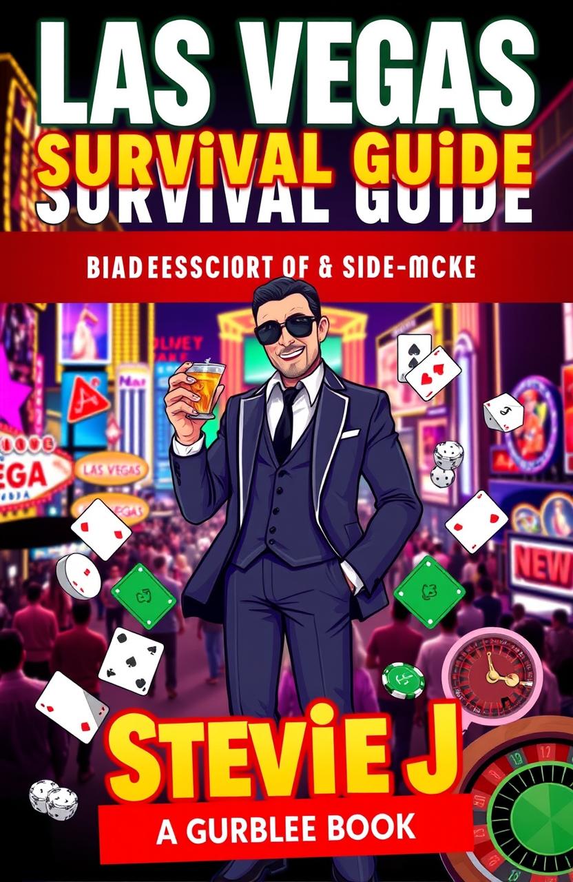 A colorful and engaging cover design for a guidebook titled 'Las Vegas Survival Guide: Booze, Blackjack & Bad Decisions - A Stevie J Guide Book'