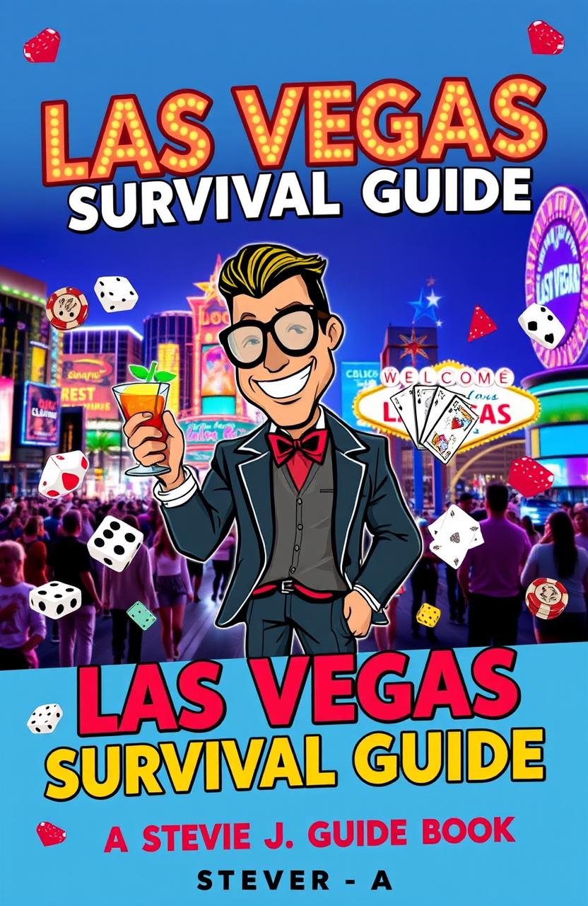 A lively and captivating cover design for the guidebook titled 'Las Vegas Survival Guide: Booze, Blackjack & Bad Decisions - A Stevie J Guide Book'