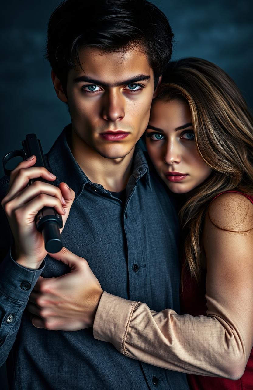A young man with black hair and striking blue eyes, confidently holding a gun in one hand while wrapping his other arm around the waist of a young woman with brown hair and captivating brown eyes