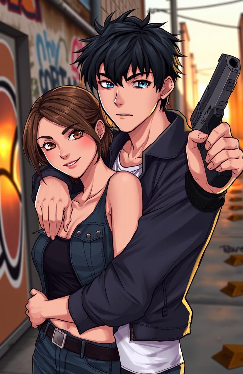 A young man with black hair and blue eyes, looking confidently at the viewer, has one arm wrapped around the waist of a young woman with brown hair and brown eyes