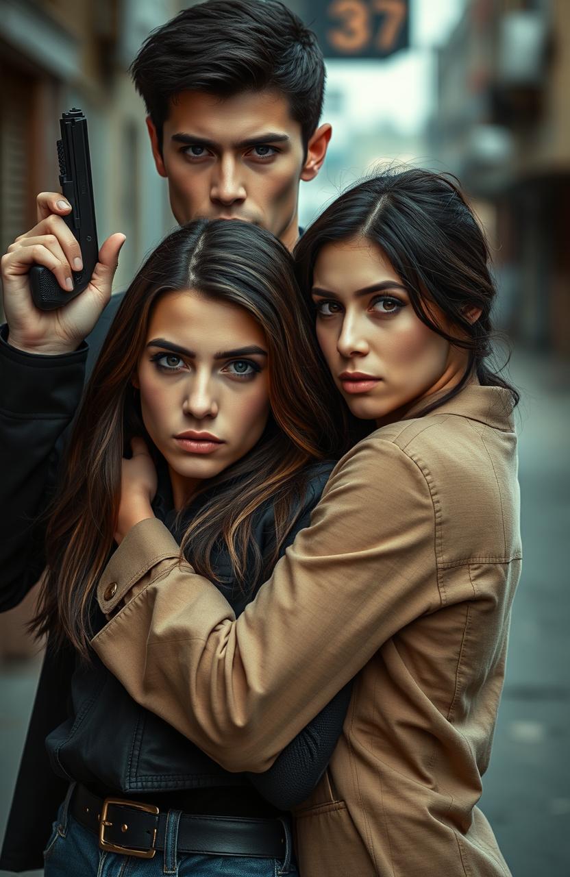 A young man with striking black hair and deep blue eyes, confidently holding a pistol in one hand while his other arm is wrapped around the waist of a young woman with beautiful brown hair and captivating brown eyes
