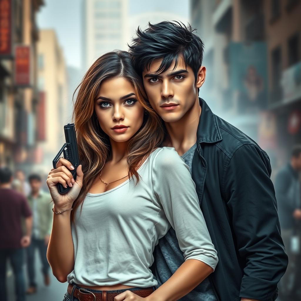 A young man with striking black hair and piercing blue eyes, confidently holding a pistol in one hand while his other arm is wrapped around the waist of a young woman with beautiful brown hair and captivating brown eyes