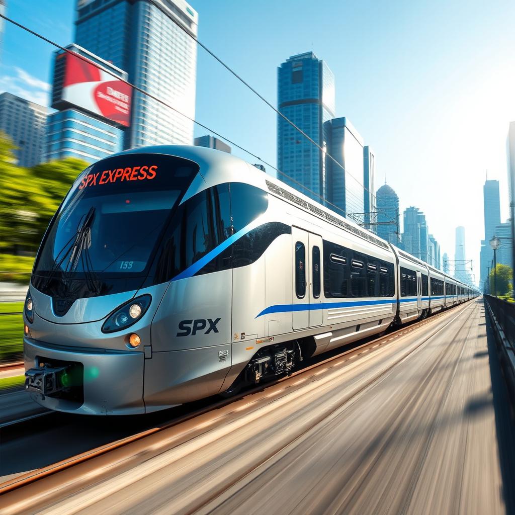 A sleek and modern express train known as SPX Express speeding through a vibrant urban landscape