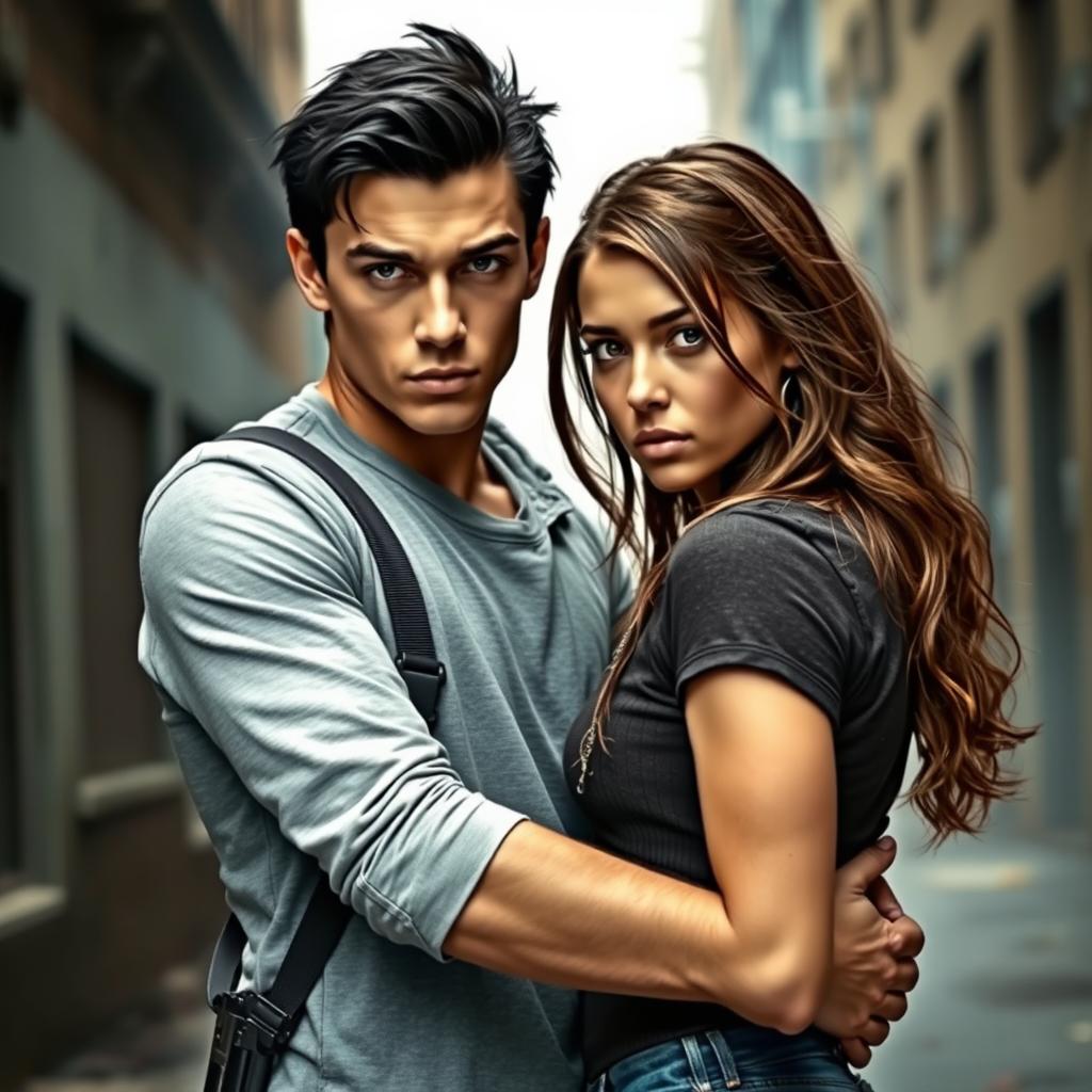 A young man with black hair and blue eyes, one arm wrapped around the waist of a young woman with brown hair and brown eyes