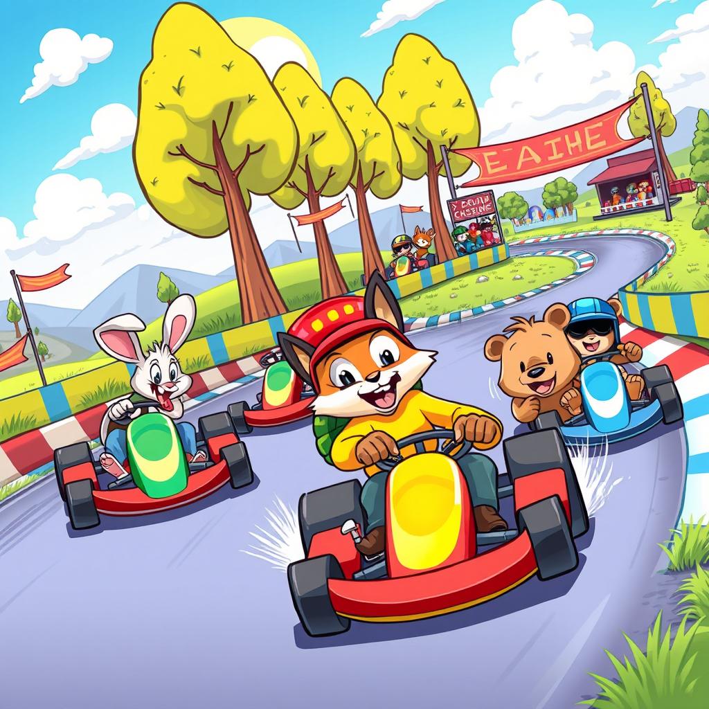 A vibrant and action-packed cartoon scene depicting quirky cartoon characters racing mini karts on a colorful track