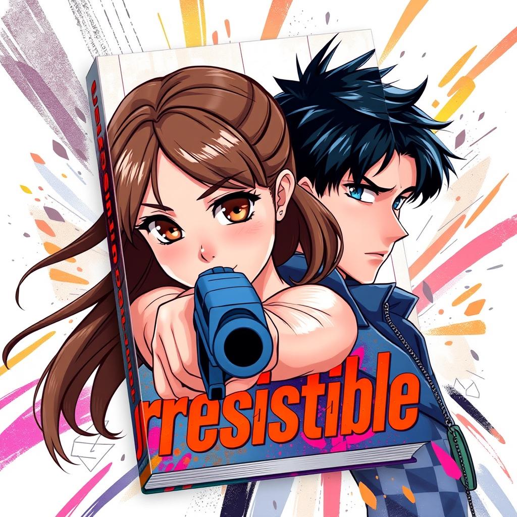 An illustrated book cover titled 'Irresistible' featuring a girl with brown hair and brown eyes holding a gun, looking directly at the viewer