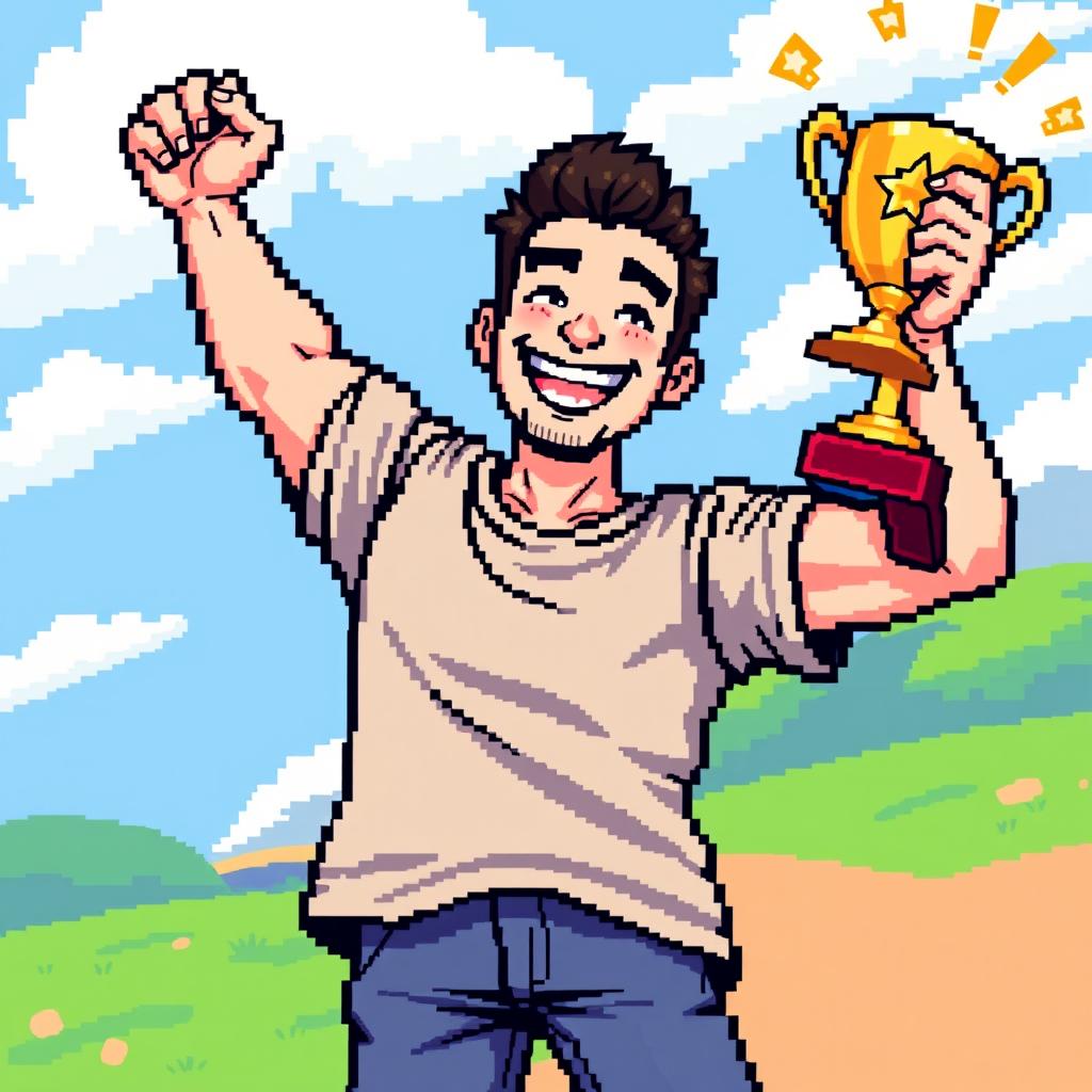 A dynamic pixel art illustration of an adult man triumphantly holding up a trophy