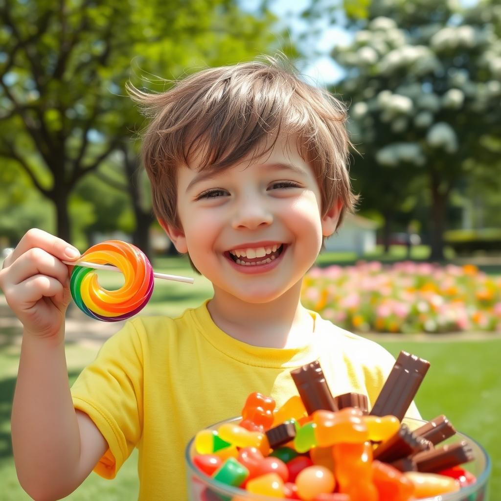 A young boy delighting in a colorful piece of candy, with a big smile on his face