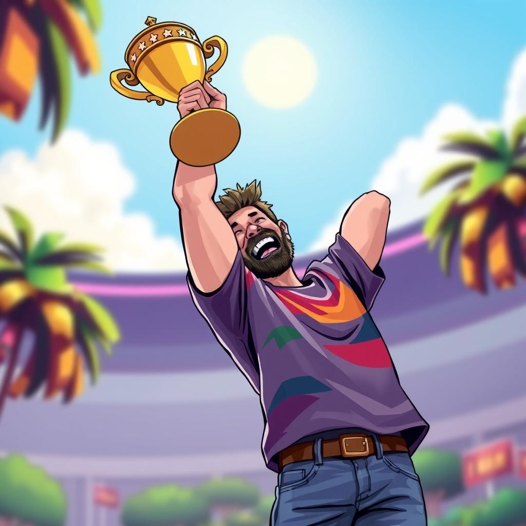 A vibrant pixel art illustration of an adult man exuberantly holding a trophy above his head