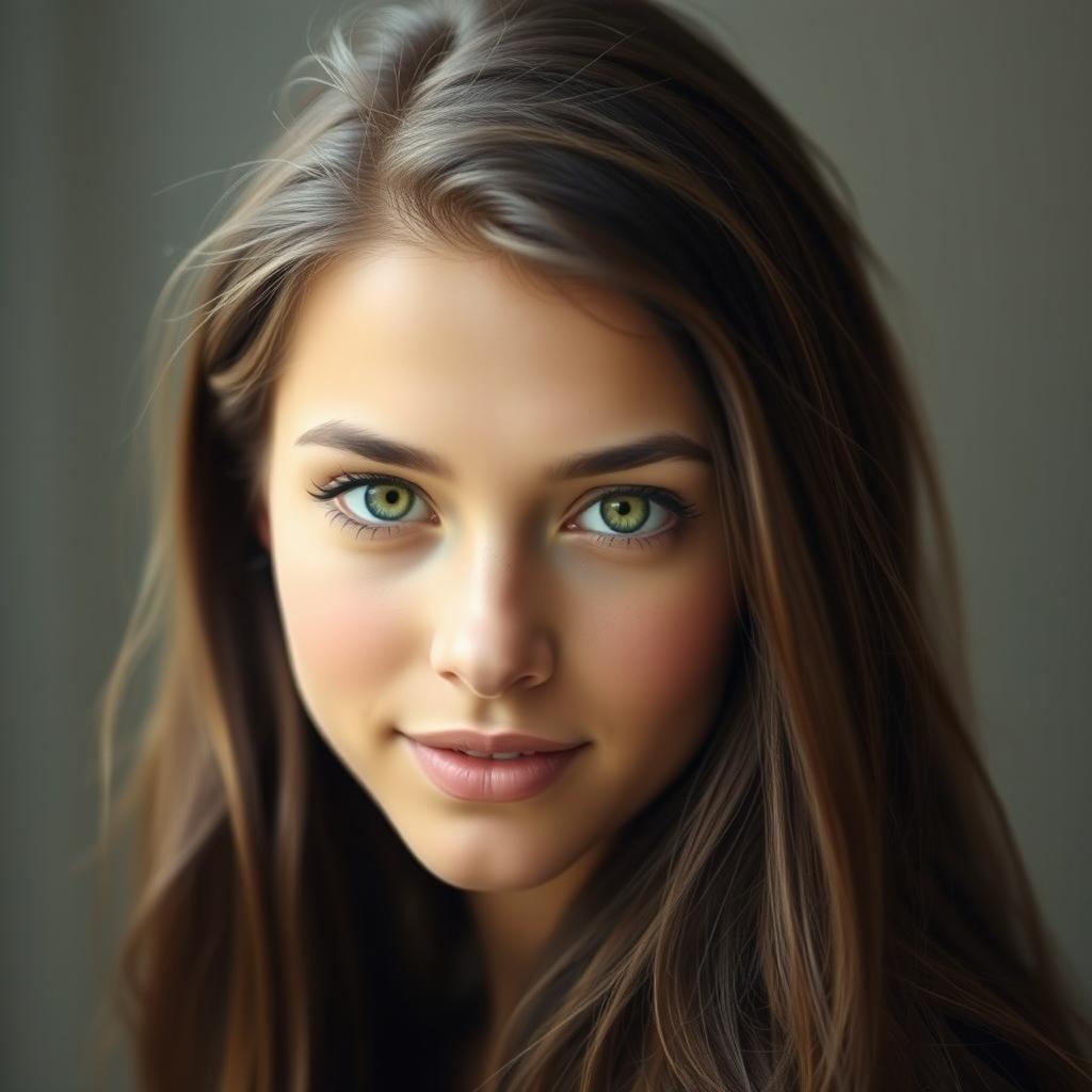 A stunning portrait of a young woman with striking features, capturing her beauty in exquisite detail