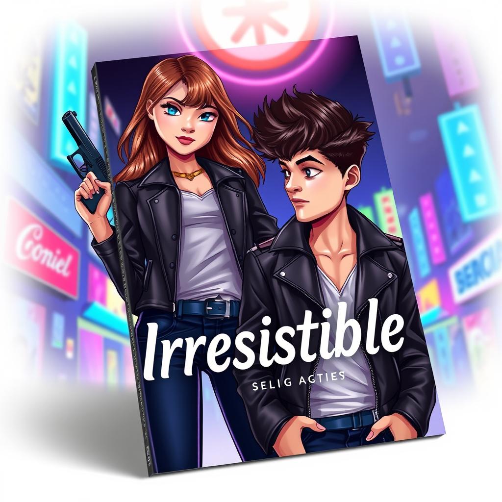 A modern book cover titled "Irresistible" featuring a girl holding a gun confidently, standing tall with an assertive expression