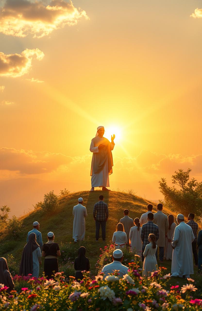 A serene and inspirational scene depicting the concept of Dakwah Ulul Azmi, where a charismatic figure stands atop a hill, radiating divine light symbolizing the spread of Ilahi (Divine) light