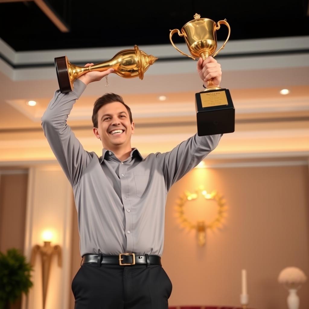 A proud adult man holding a trophy high above his head in celebration