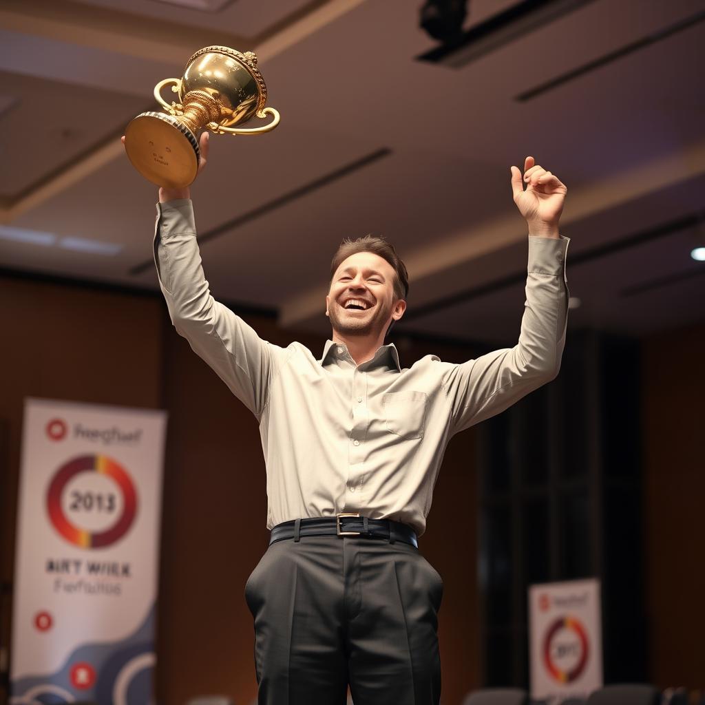 A joyful adult man standing proudly and holding a trophy aloft in celebration