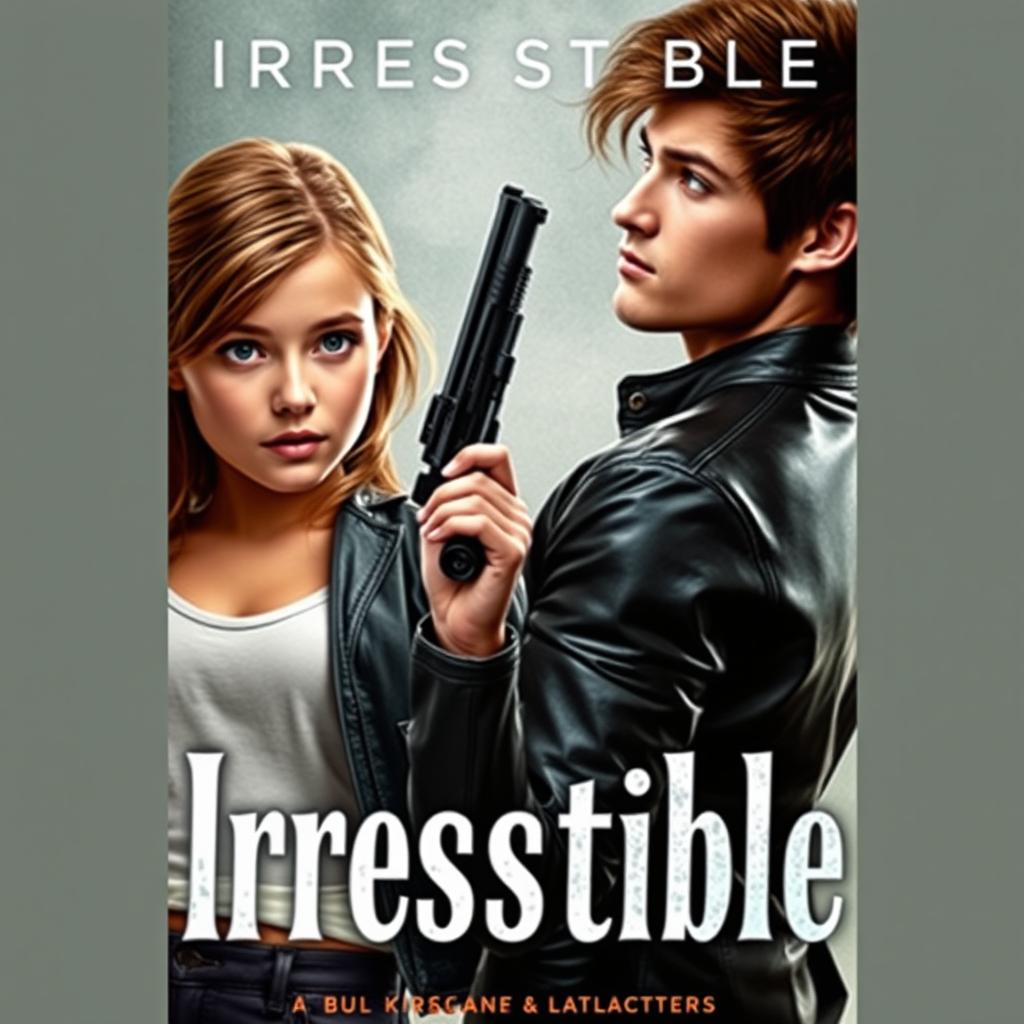 A captivating book cover titled 'Irresistible', featuring a girl with brown eyes holding a weapon confidently, standing next to a charming boy with blue eyes who is looking at her flirtatiously