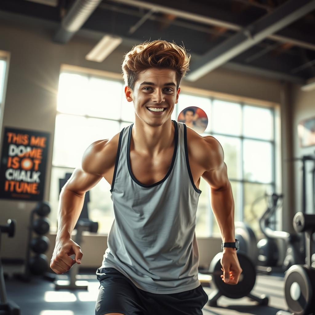 A dynamic and inspiring scene featuring a young adult engaged in a motivating workout or fitness activity