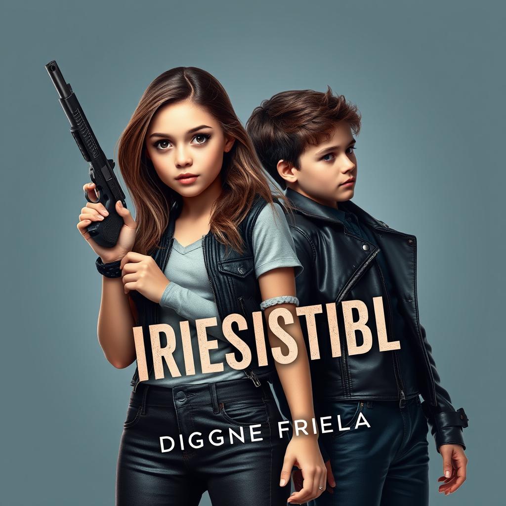 Cover of a book titled 'Irresistible' by Diagne Friela, featuring a girl with brown eyes holding a firearm, standing confidently