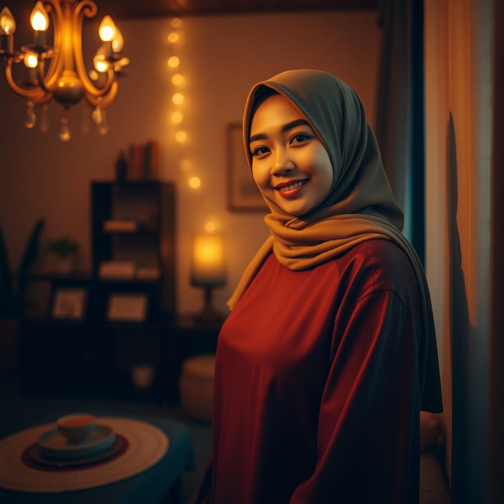 A cozy and beautiful dimly lit room that is aesthetically pleasing, featuring a stunning young Indonesian woman wearing a hijab