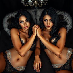 Two young 18-year-old petite brunette Latina-Arabic identical twin sisters with tan skin and small busts, lying closely together in an intimate and elegant dark fancy room