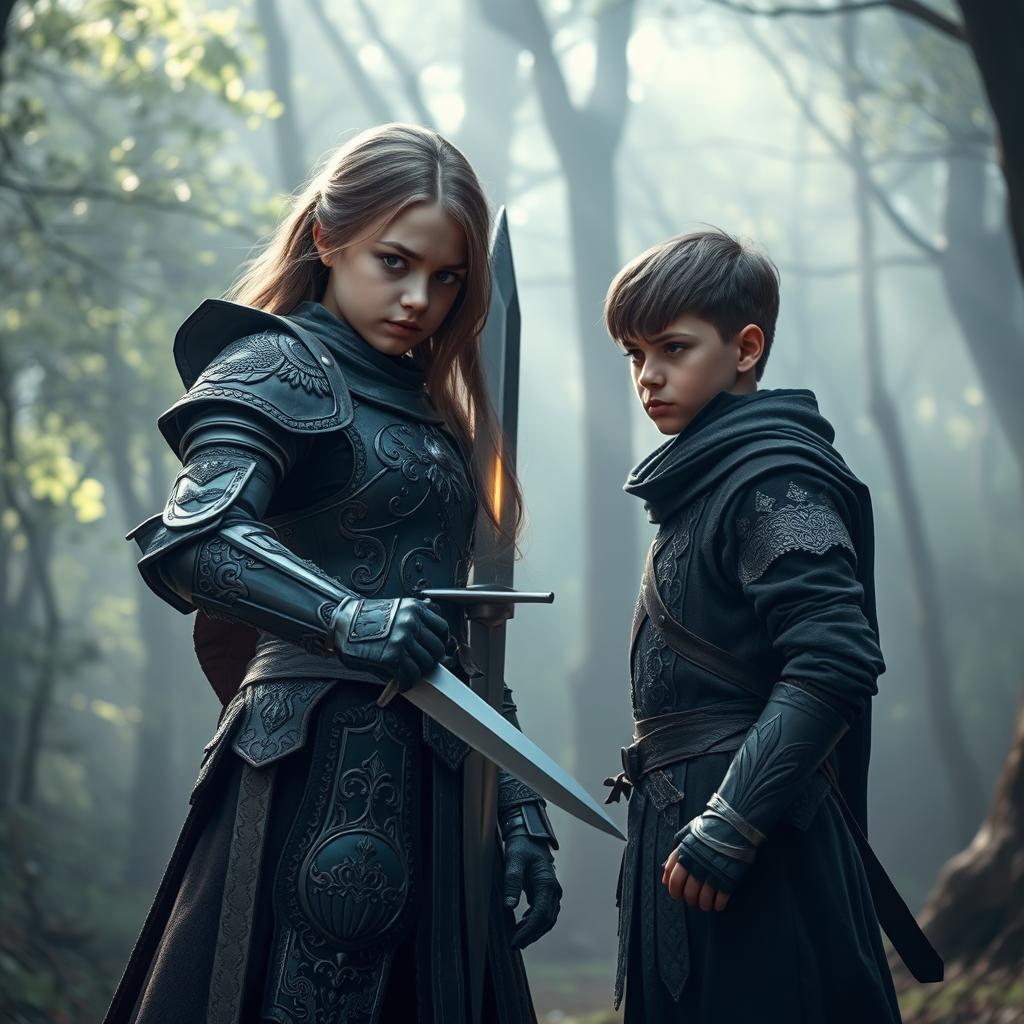 A girl and a boy standing face to face in a dramatic medieval setting