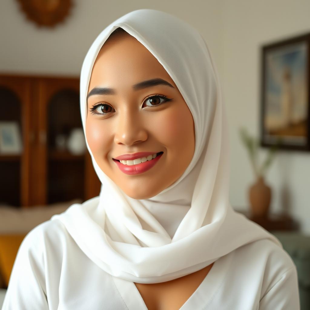 A beautiful Indonesian woman wearing a clean white hijab, showcasing her radiant skin