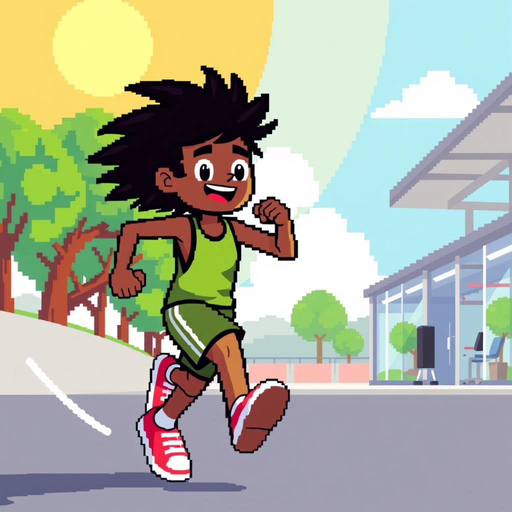 A vibrant pixel art scene featuring a young adult character engaged in a motivational activity, such as running or working out