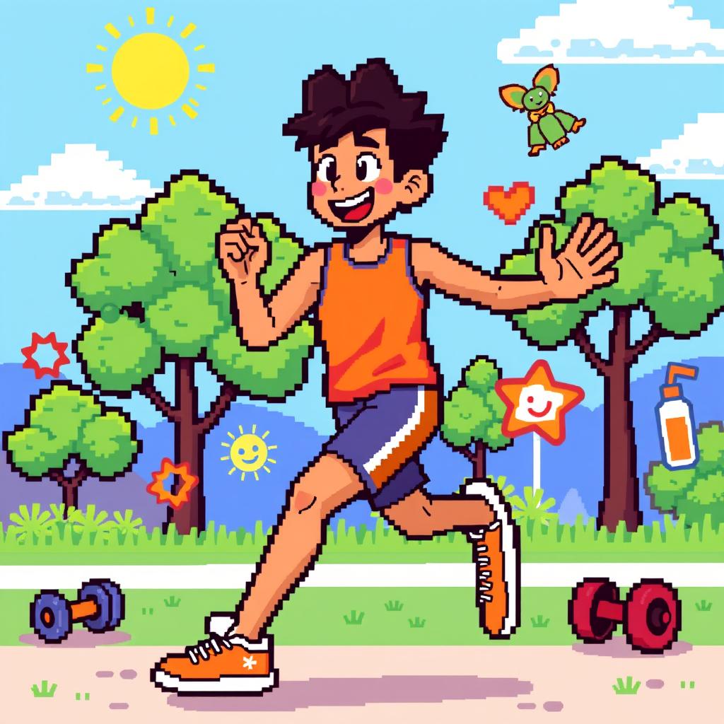 A lively pixel art scene showcasing a young adult character filled with motivation and energy, depicted in a dynamic pose while engaging in an inspiring activity, such as jogging or practicing yoga