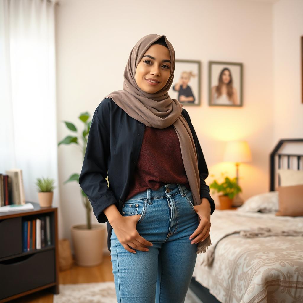 An 18-year-old woman wearing a hijab, standing in her bedroom