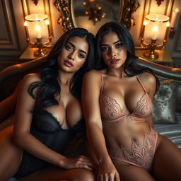 Two young 18-year-old petite brunette Latina-Arabic identical twin sisters with tan skin and small busts, lying closely together in an intimate and elegant low-light fancy room