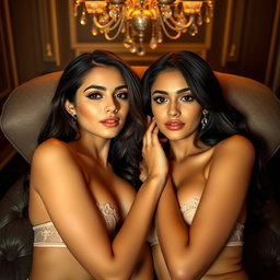Two young 18-year-old petite brunette Latina-Arabic identical twin sisters with tan skin and small busts, lying closely together in an intimate and elegant low-light fancy room