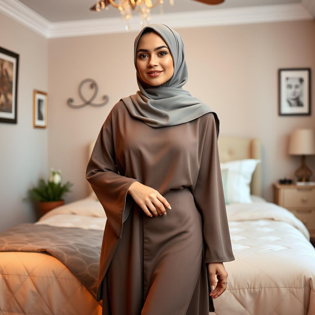 A 24-year-old woman wearing a hijab and a size 40 modest Muslim outfit, standing gracefully in her beautifully designed bedroom