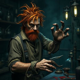 A male human alchemist-inventor character from a fantasy dungeon setting, age 35, with wild, messy dirty orange hair and a scruffy beard