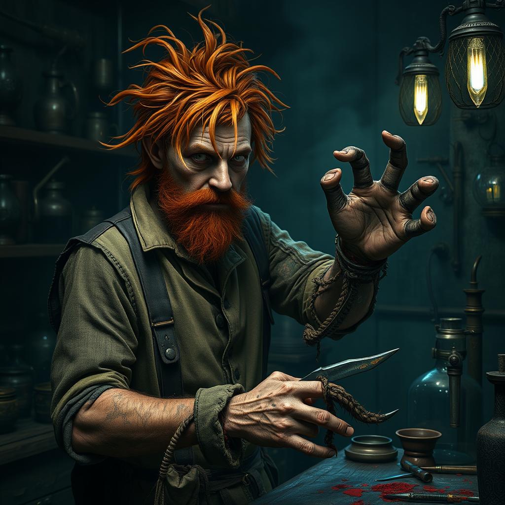 A male human alchemist-inventor character from a fantasy dungeon setting, age 35, with wild, messy dirty orange hair and a scruffy beard