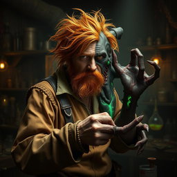 A male human alchemist-inventor character from a fantasy dungeon setting, age 35, with wild, messy dirty orange hair and a scruffy beard