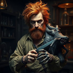 A male human alchemist-inventor character from a fantasy dungeon setting, age 35, with wild, messy dirty orange hair and a scruffy beard