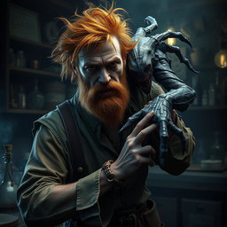 A male human alchemist-inventor character from a fantasy dungeon setting, age 35, with wild, messy dirty orange hair and a scruffy beard