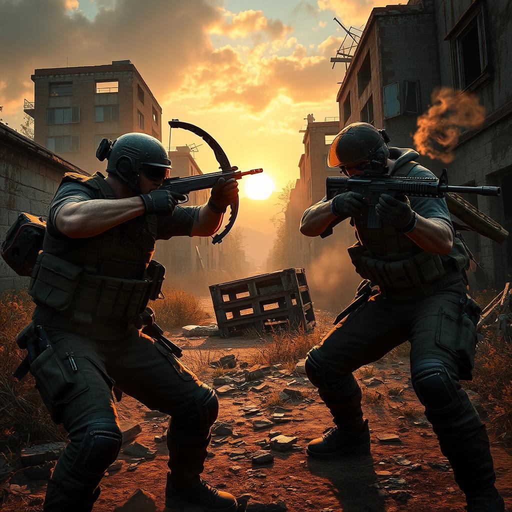 A high-intensity PvP scene from the game Rust, featuring players in tactical gear engaging in fierce combat