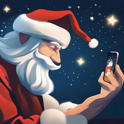 Closeup profile view of an individual looking at their iPhone at night, from which Santa Claus is whimsically climbing out, illuminated by the glow of the screen.