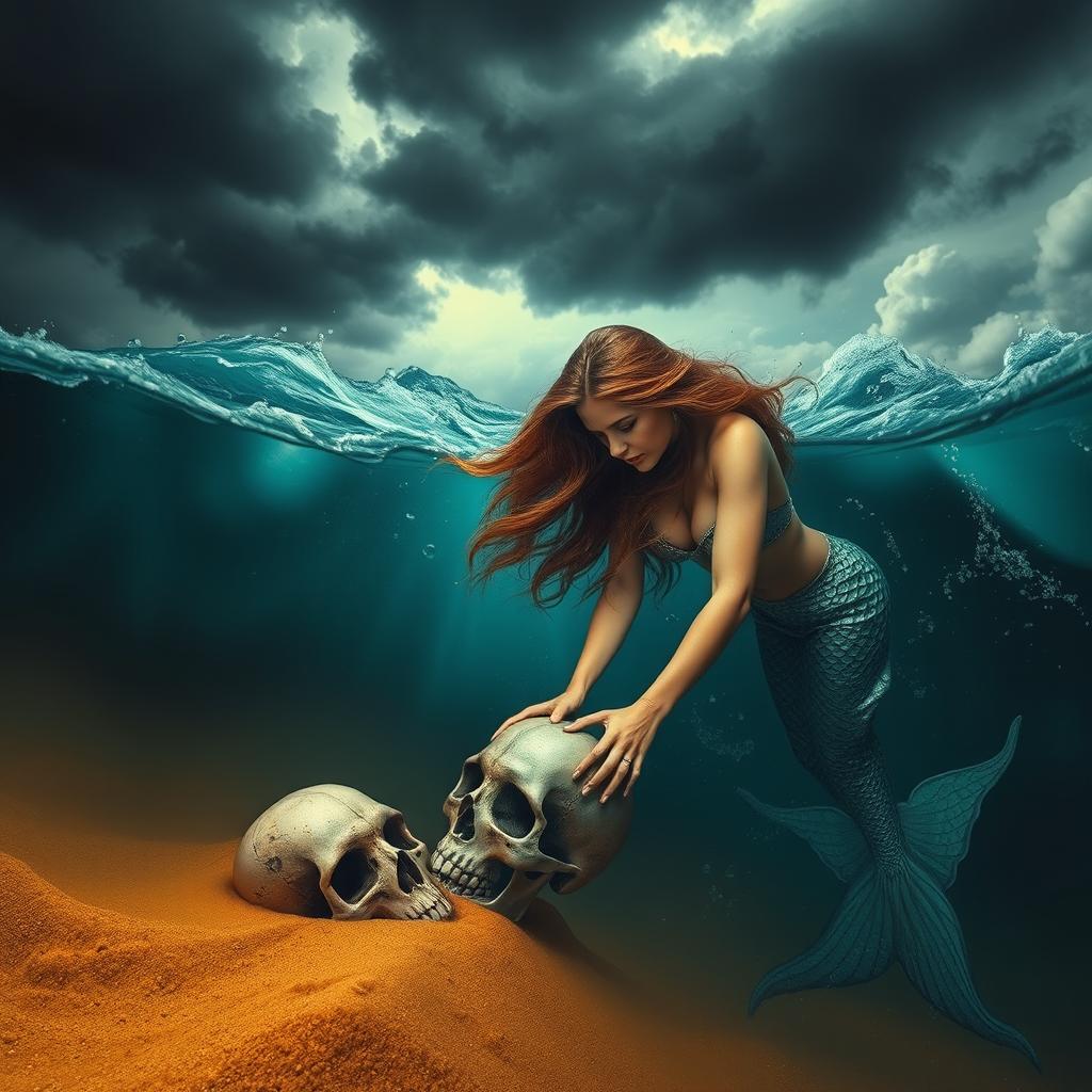 A captivating siren with long, flowing hair reaching down into the tumultuous water to grasp an ancient skull buried in the golden sand