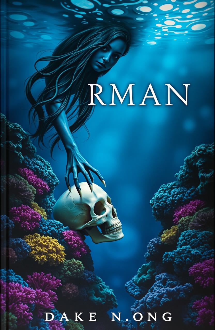 A dark and atmospheric book cover featuring a mysterious siren reaching down into the deep blue ocean to grasp a human skull nestled among colorful coral reefs