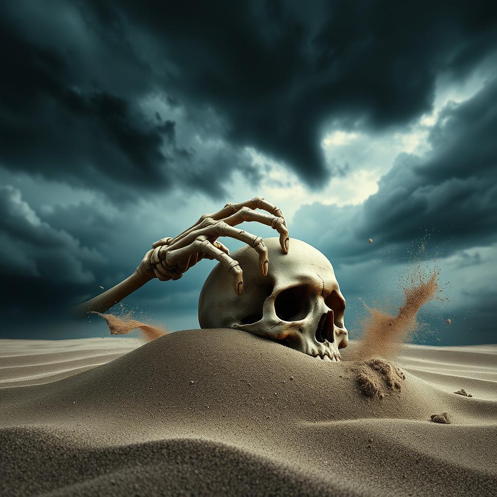 A captivating and dramatic book cover featuring a skeletal hand emerging from dark, windswept sand to grasp a weathered human skull partially buried in the ground