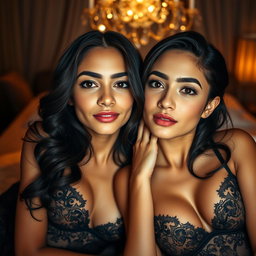 Two young 18-year-old petite brunette Latina-Arabic identical twin sisters with tan skin, small busts, and petite figures, lying closely together in an intimate and elegant low-light fancy room