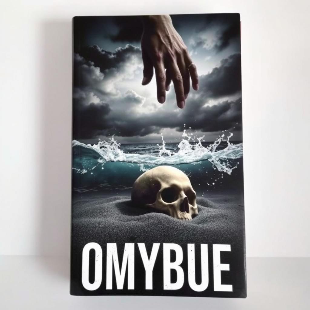 A dramatic book cover showcasing a hand emerging from the dark, turbulent ocean, reaching down towards a human skull that is partially buried in the sandy ocean floor