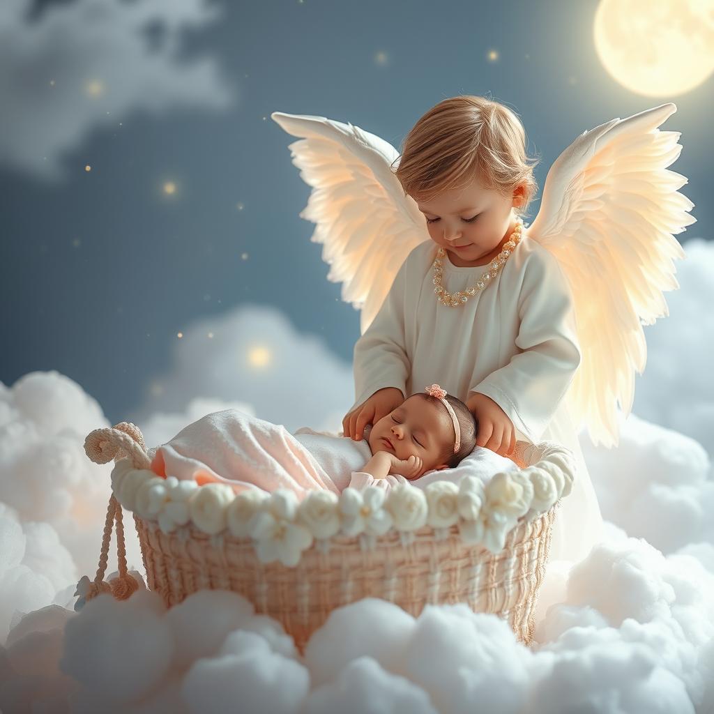 A serene and captivating scene of a guardian angel watching over a peaceful baby